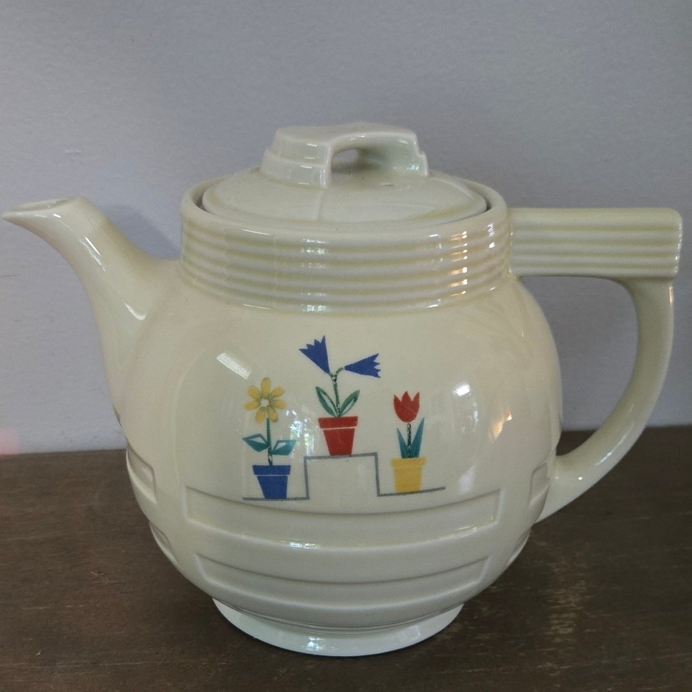 Vintage Enterprise Aluminum Co Drip-O-Lator Teapot Art Deco Floral ⁹Ceramic